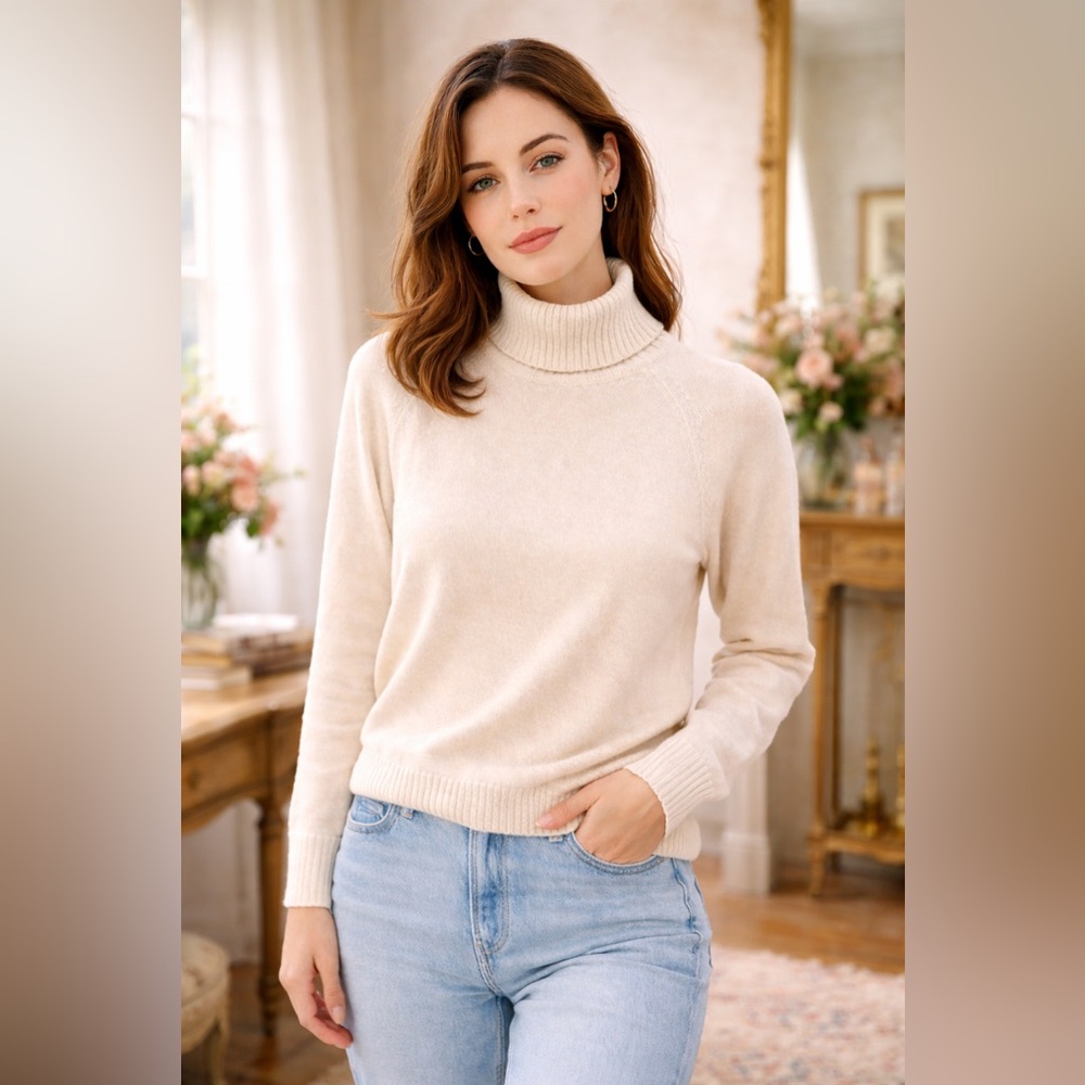 Jeanne Pierre Cream Cotton Turtleneck Sweater Size L Neutral Minimalist